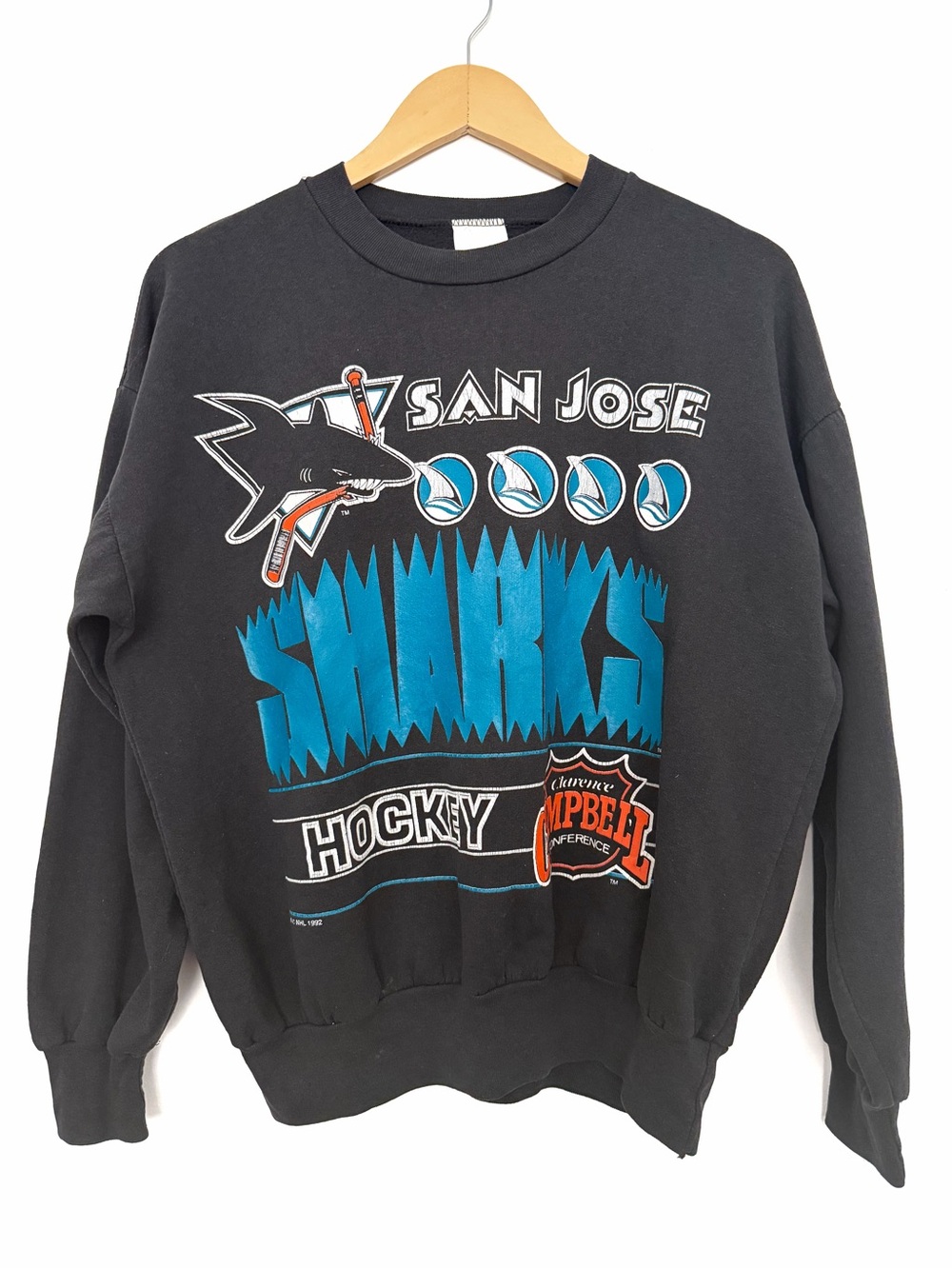 Vintage 1992 San Jose Sharks Black Graphic NHL Crewneck Sweatshirt